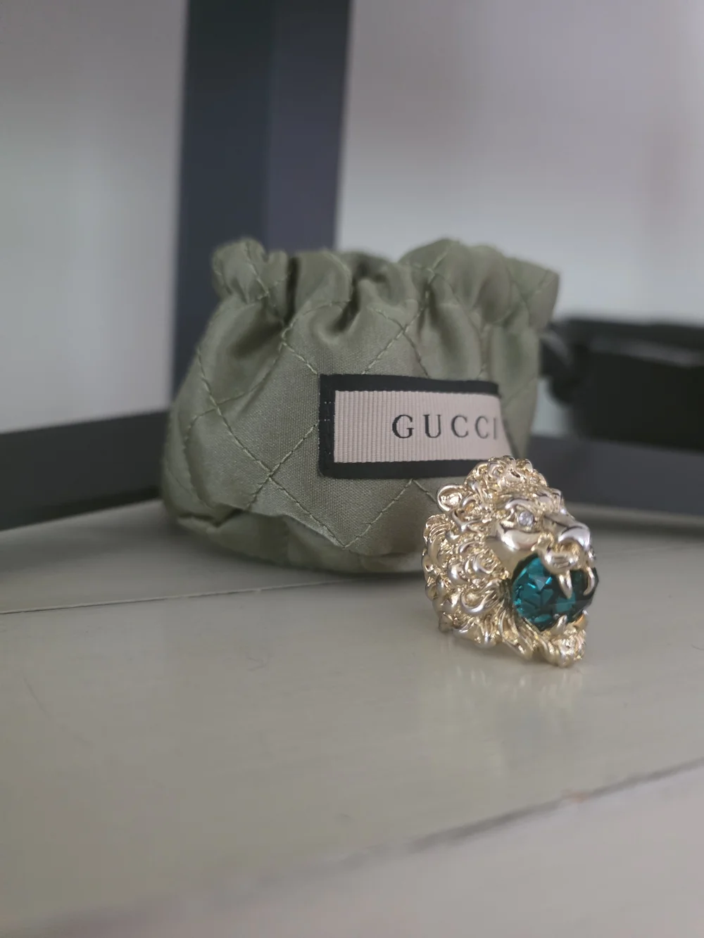Gucci Lion Head Ring Synthetic Green Emerald Gemstone